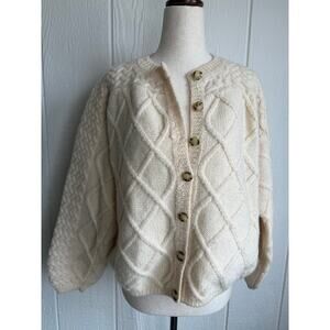 Vintage Irish Fisherman Cardigan Cable Knit Wool Sweater Ireland XL